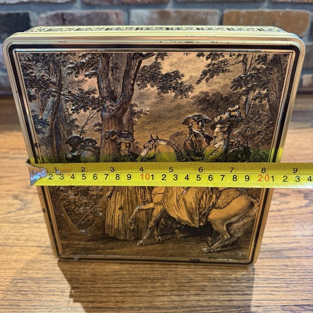 Vintage Biscuit Cookie Tin Box Gold Brass Tone Colonial Horse Riding Courting - Picture 5 of 5